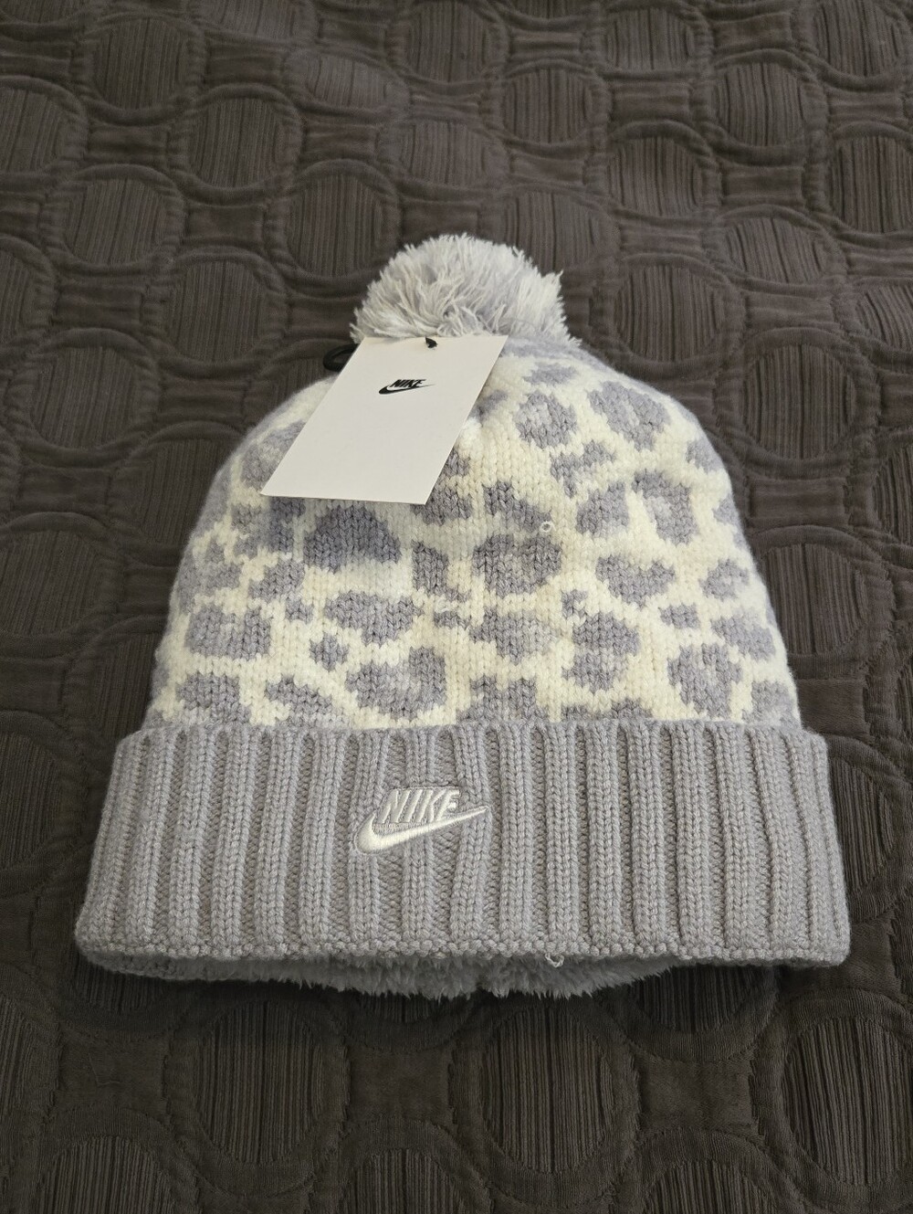 Nike Kids Pom Beanie in Light Gray/White